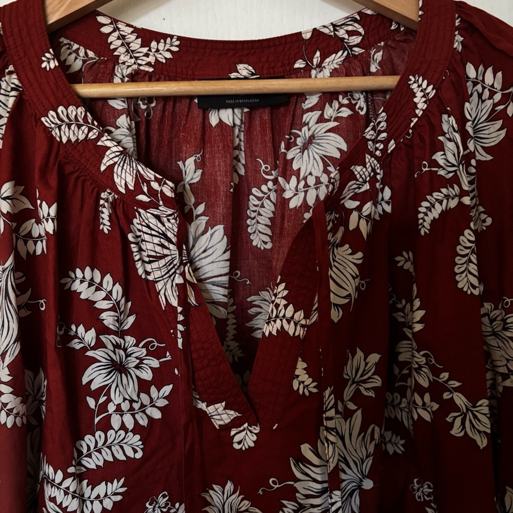 Lane Bryant Sz 22 Rust Floral Cotton Classic Raglan Elbow Sleeve Tie Neck Top - Picture 4 of 10